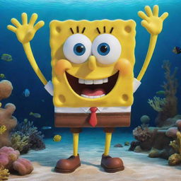 A vibrant, playful image of SpongeBob SquarePants in his signature rectangular brown pants, bright yellow body, and infectious smile under the sea