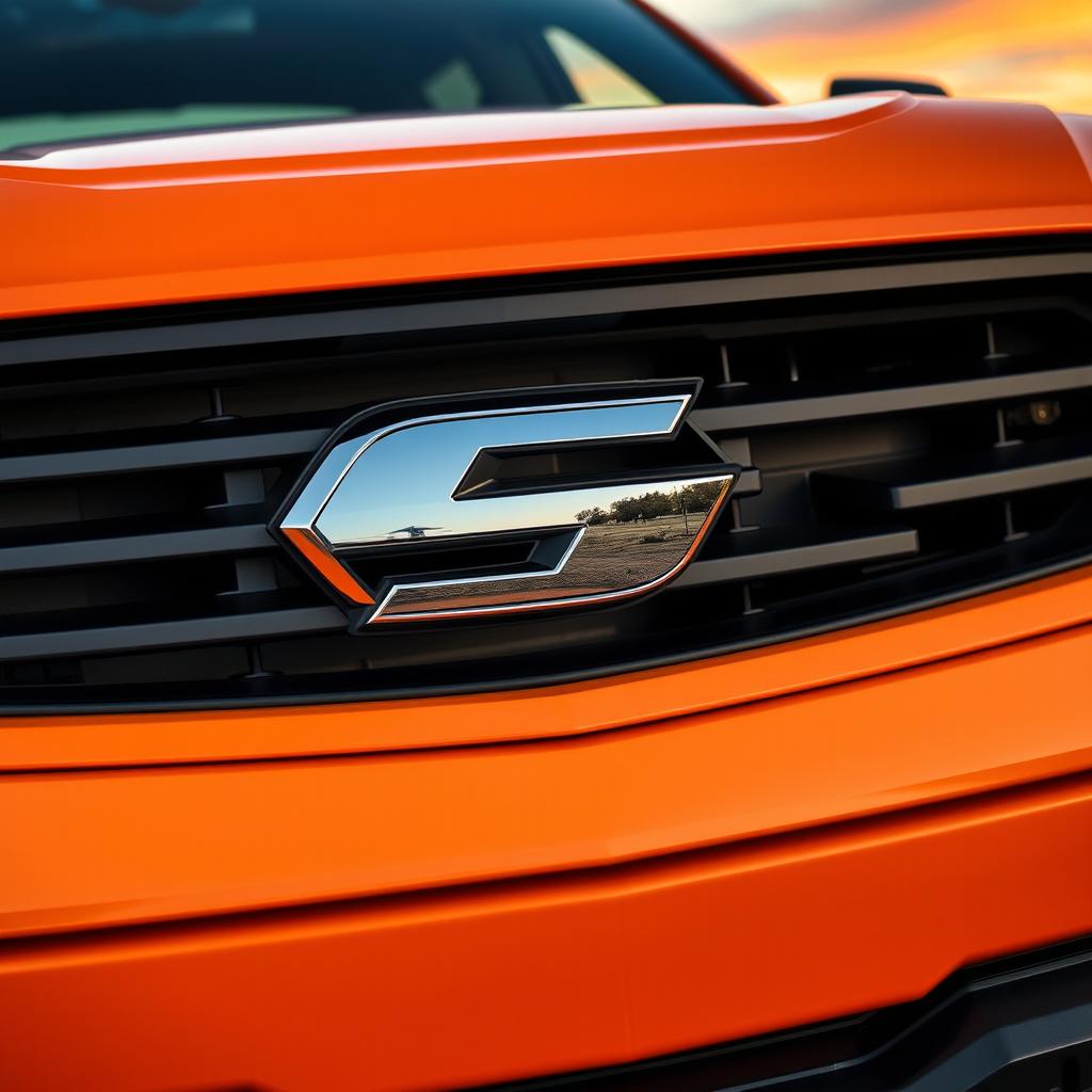 A close-up view of a sleek and modern pickup truck featuring a distinctive emblem shaped like the letter 'S' prominently displayed on the front grille