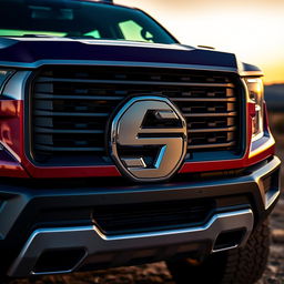 A close-up view of a sleek and modern pickup truck featuring a distinctive emblem shaped like the letter 'S' prominently displayed on the front grille