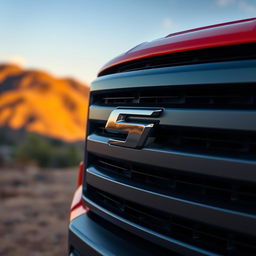 A close-up view of a sleek and modern pickup truck featuring a distinctive emblem shaped like the letter 'S' prominently displayed on the front grille