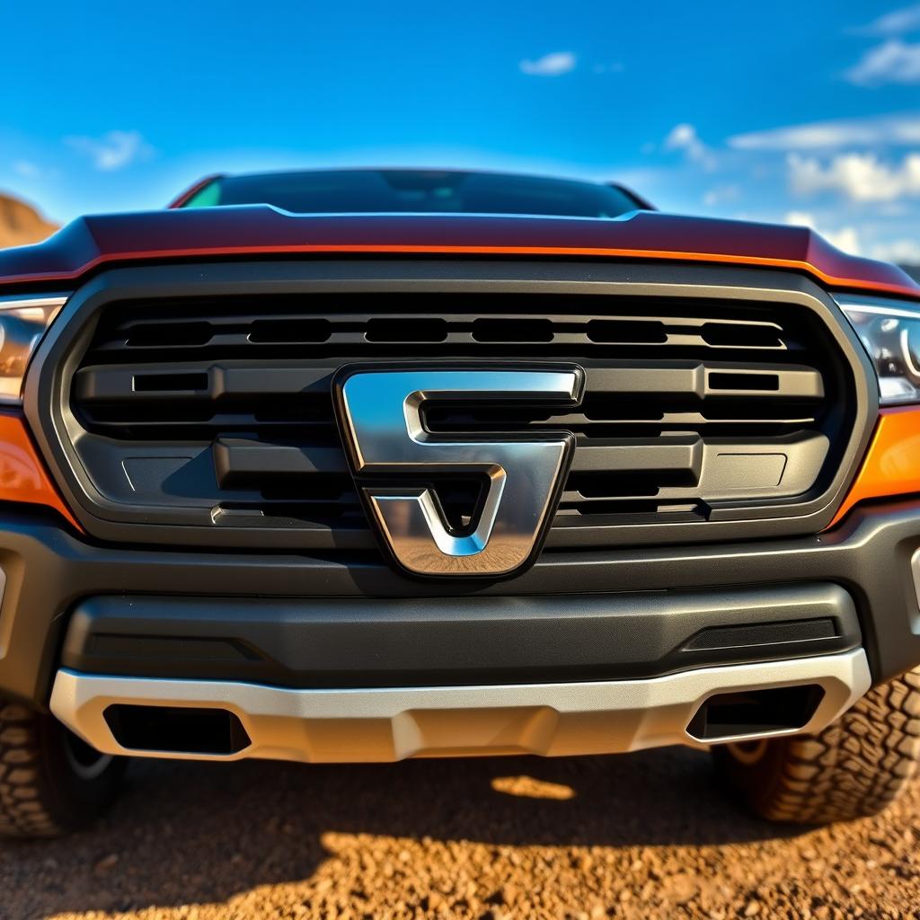 A close-up view of a sleek and modern pickup truck featuring a distinctive emblem shaped like the letter 'S' prominently displayed on the front grille