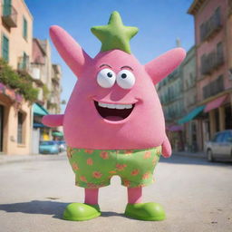 Patrick Star from SpongeBob SquarePants, a fuchsia starfish with a goofy smile wearing green floral shorts, in the vibrant underwater city of Bikini Bottom