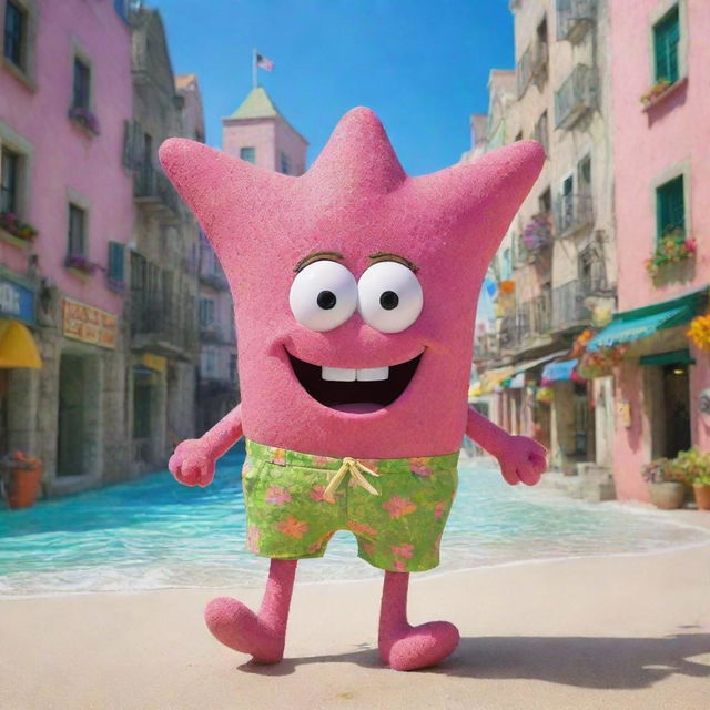 Patrick Star from SpongeBob SquarePants, a fuchsia starfish with a goofy smile wearing green floral shorts, in the vibrant underwater city of Bikini Bottom