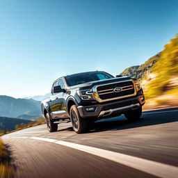 A beautiful pickup truck featuring a prominent 'S' emblem driving along a winding road surrounded by scenic landscapes