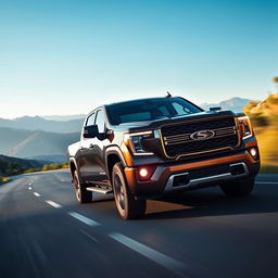 A beautiful pickup truck featuring a prominent 'S' emblem driving along a winding road surrounded by scenic landscapes