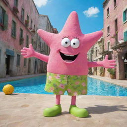 Patrick Star from SpongeBob SquarePants, a fuchsia starfish with a goofy smile wearing green floral shorts, in the vibrant underwater city of Bikini Bottom