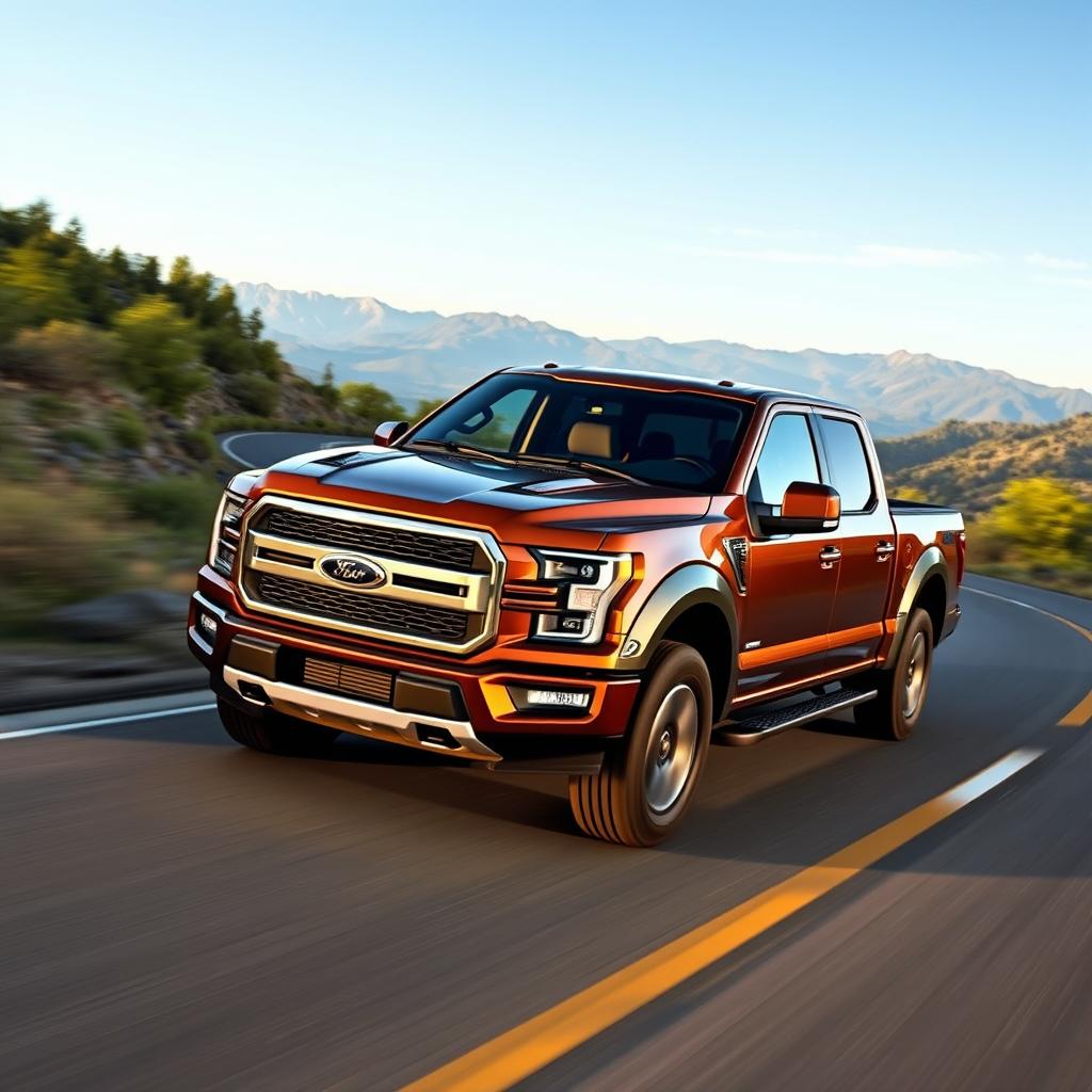 A beautiful pickup truck featuring a prominent 'S' emblem driving along a winding road surrounded by scenic landscapes