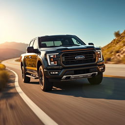 A beautiful pickup truck featuring a prominent 'S' emblem driving along a winding road surrounded by scenic landscapes