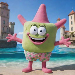 Patrick Star from SpongeBob SquarePants, a fuchsia starfish with a goofy smile wearing green floral shorts, in the vibrant underwater city of Bikini Bottom