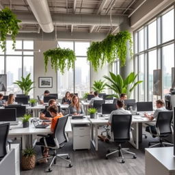 A modern office space featuring sleek desks, ergonomic chairs, and large windows with a city view, adorned with green plants for a refreshing atmosphere