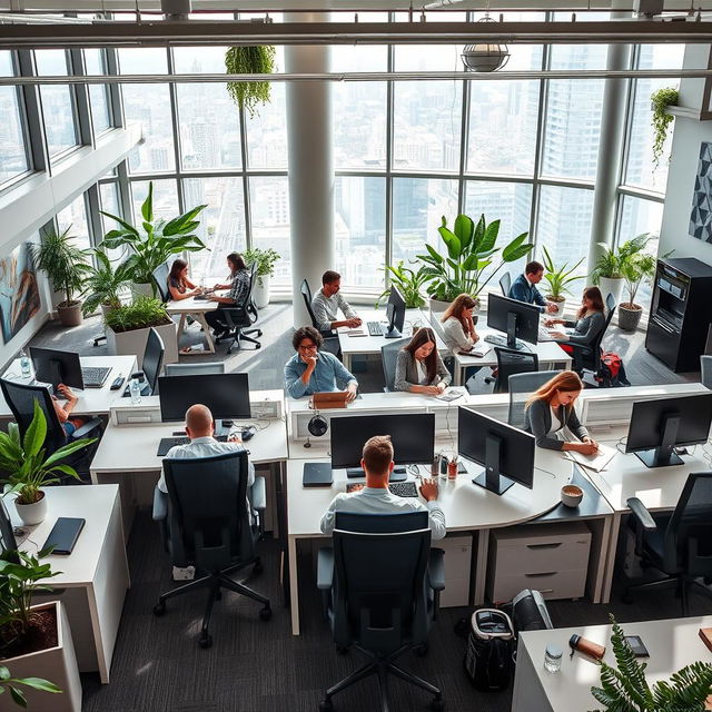 A modern office space featuring sleek desks, ergonomic chairs, and large windows with a city view, adorned with green plants for a refreshing atmosphere