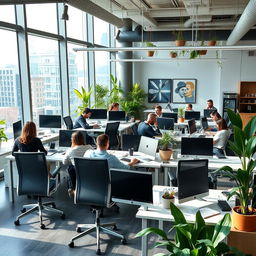 A modern office space featuring sleek desks, ergonomic chairs, and large windows with a city view, adorned with green plants for a refreshing atmosphere