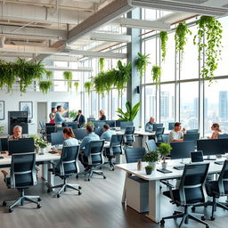 A modern office space featuring sleek desks, ergonomic chairs, and large windows with a city view, adorned with green plants for a refreshing atmosphere