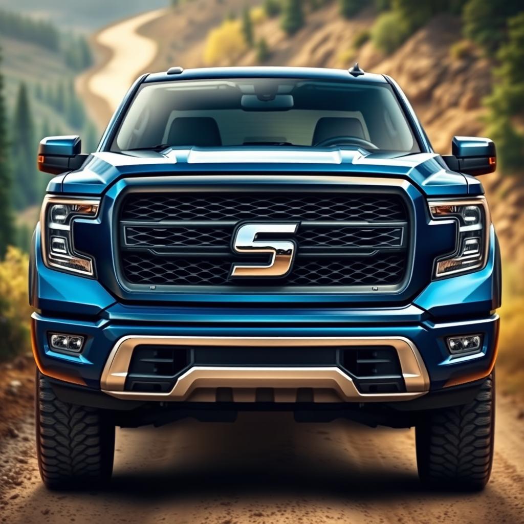 A highly realistic depiction of a pickup truck featuring a prominent 'S' emblem on the front grille