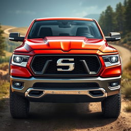 A highly realistic depiction of a pickup truck featuring a prominent 'S' emblem on the front grille