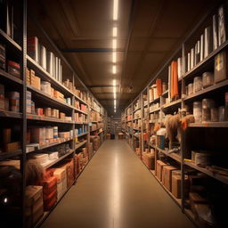 A tidy, organized storeroom filled with various items, well-lighted and inviting. There is a subtle awe-inspiring aura around it.