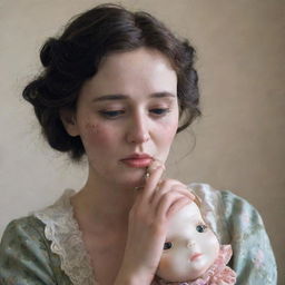 A melancholic portrayal of a lady, tears streaming down her face, lovingly clutching a doll in her hand.