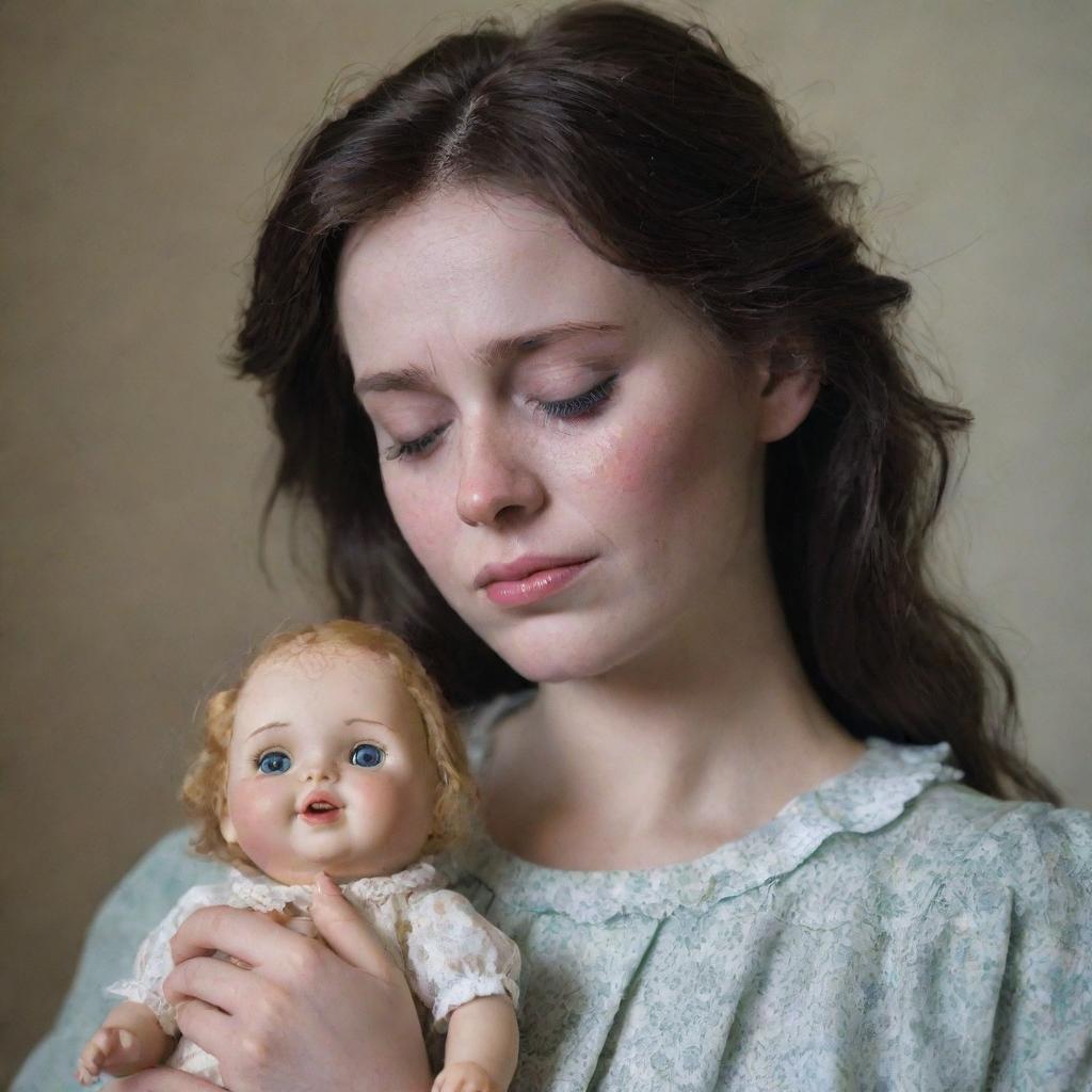 A melancholic portrayal of a lady, tears streaming down her face, lovingly clutching a doll in her hand.