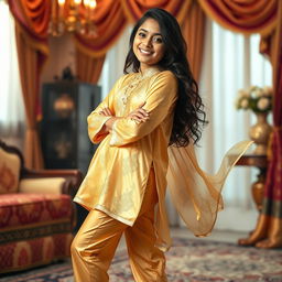 A confident Indian teenage girl wearing a gorgeous golden satin transparent legging paired with a flowing silk kurta