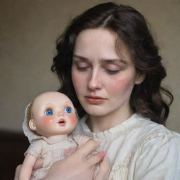 A melancholic portrayal of a lady, tears streaming down her face, lovingly clutching a doll in her hand.