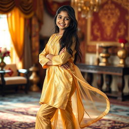 A confident Indian teenage girl wearing a gorgeous golden satin transparent legging paired with a flowing silk kurta