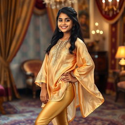 A confident Indian teenage girl wearing a gorgeous golden satin transparent legging paired with a flowing silk kurta