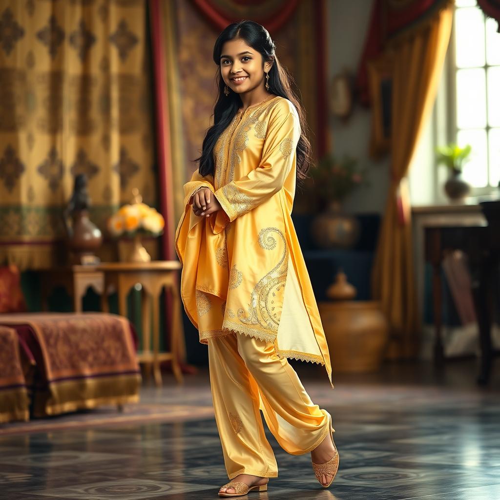 A confident Indian teenage girl wearing a gorgeous golden satin transparent legging paired with a flowing silk kurta