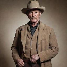 A stern, weathered sheriff in the Old West, dressed in a worn but clean duster coat, a cowboy hat shading his piercing eyes, a shiny sheriff's badge on his chest, and a hand resting on the handle of his trusty revolver.