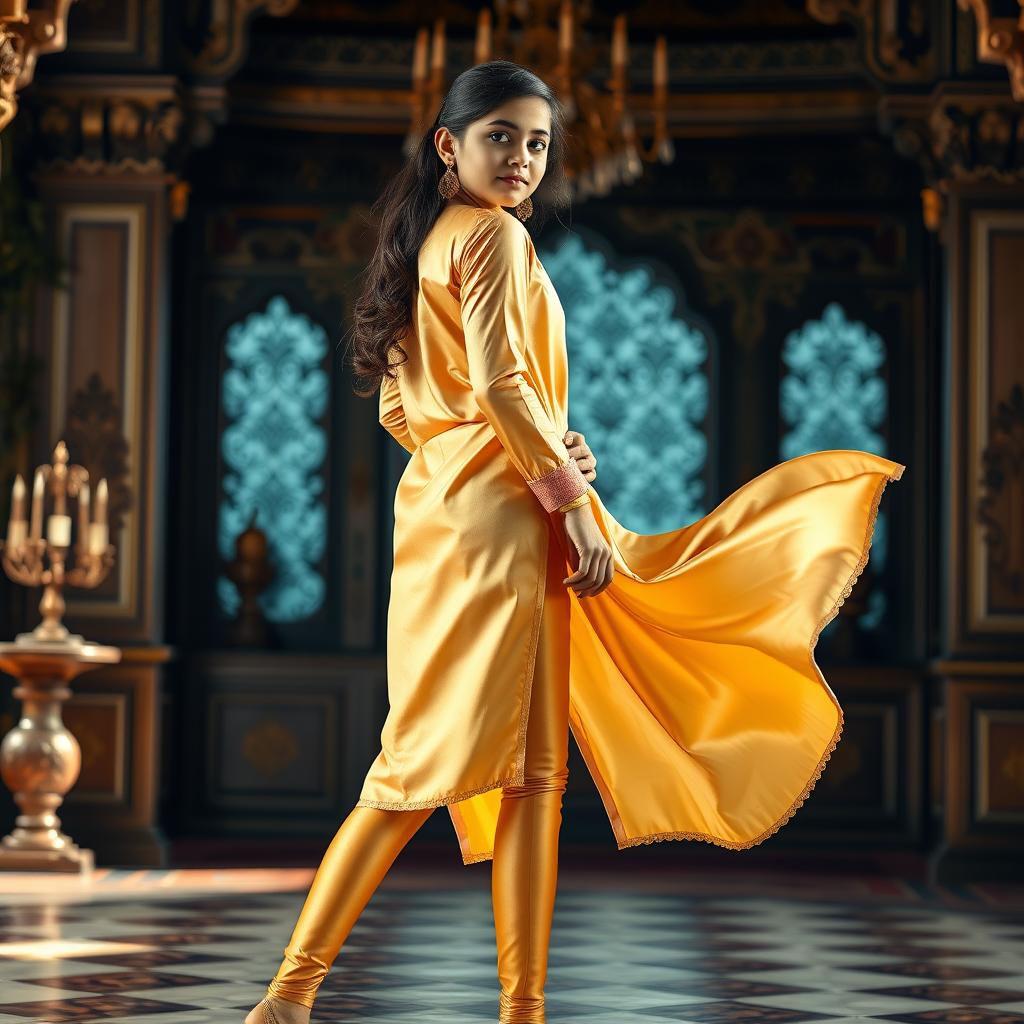 A stylish Indian teenage girl wearing super tight golden satin transparent leggings paired with a flowing silk kurta