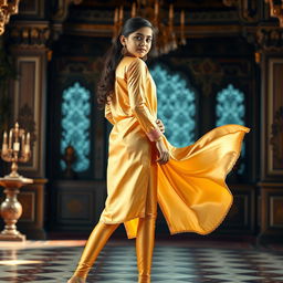 A stylish Indian teenage girl wearing super tight golden satin transparent leggings paired with a flowing silk kurta