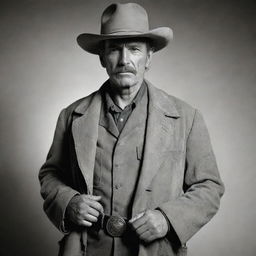 A stern, weathered sheriff in the Old West, dressed in a worn but clean duster coat, a cowboy hat shading his piercing eyes, a shiny sheriff's badge on his chest, and a hand resting on the handle of his trusty revolver.