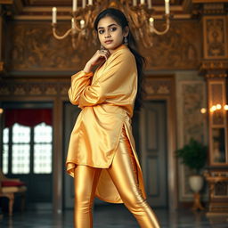 A stylish Indian teenage girl wearing super tight golden satin transparent leggings paired with a flowing silk kurta