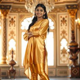 A stylish Indian teenage girl wearing super tight golden satin transparent leggings paired with a flowing silk kurta