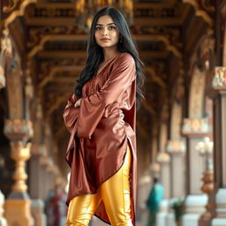 A stylish Indian teenage girl wearing super tight golden satin transparent leggings paired with a flowing silk kurta