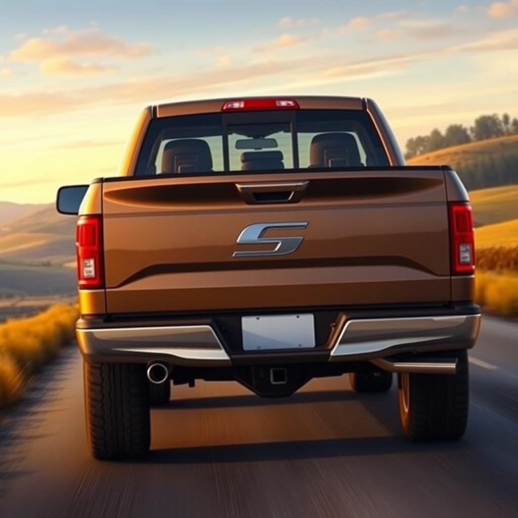 A realistic depiction of a pickup truck featuring a prominent 'S' emblem, viewed from a distance