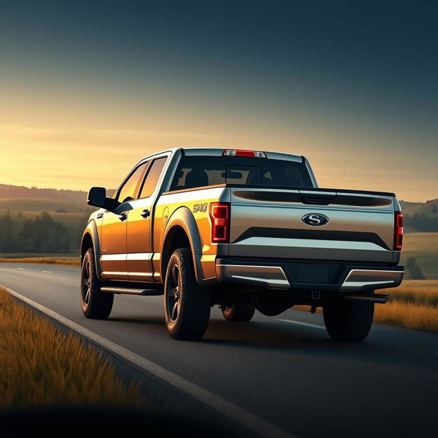 A realistic depiction of a pickup truck featuring a prominent 'S' emblem, viewed from a distance