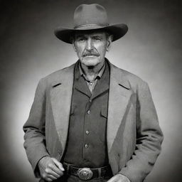 A stern, weathered sheriff in the Old West, dressed in a worn but clean duster coat, a cowboy hat shading his piercing eyes, a shiny sheriff's badge on his chest, and a hand resting on the handle of his trusty revolver.