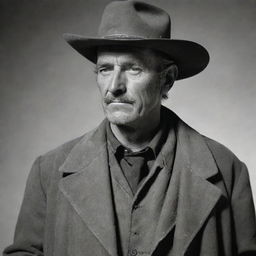 A stern, weathered sheriff in the Old West, dressed in a worn but clean duster coat, a cowboy hat shading his piercing eyes, a shiny sheriff's badge on his chest, and a hand resting on the handle of his trusty revolver.