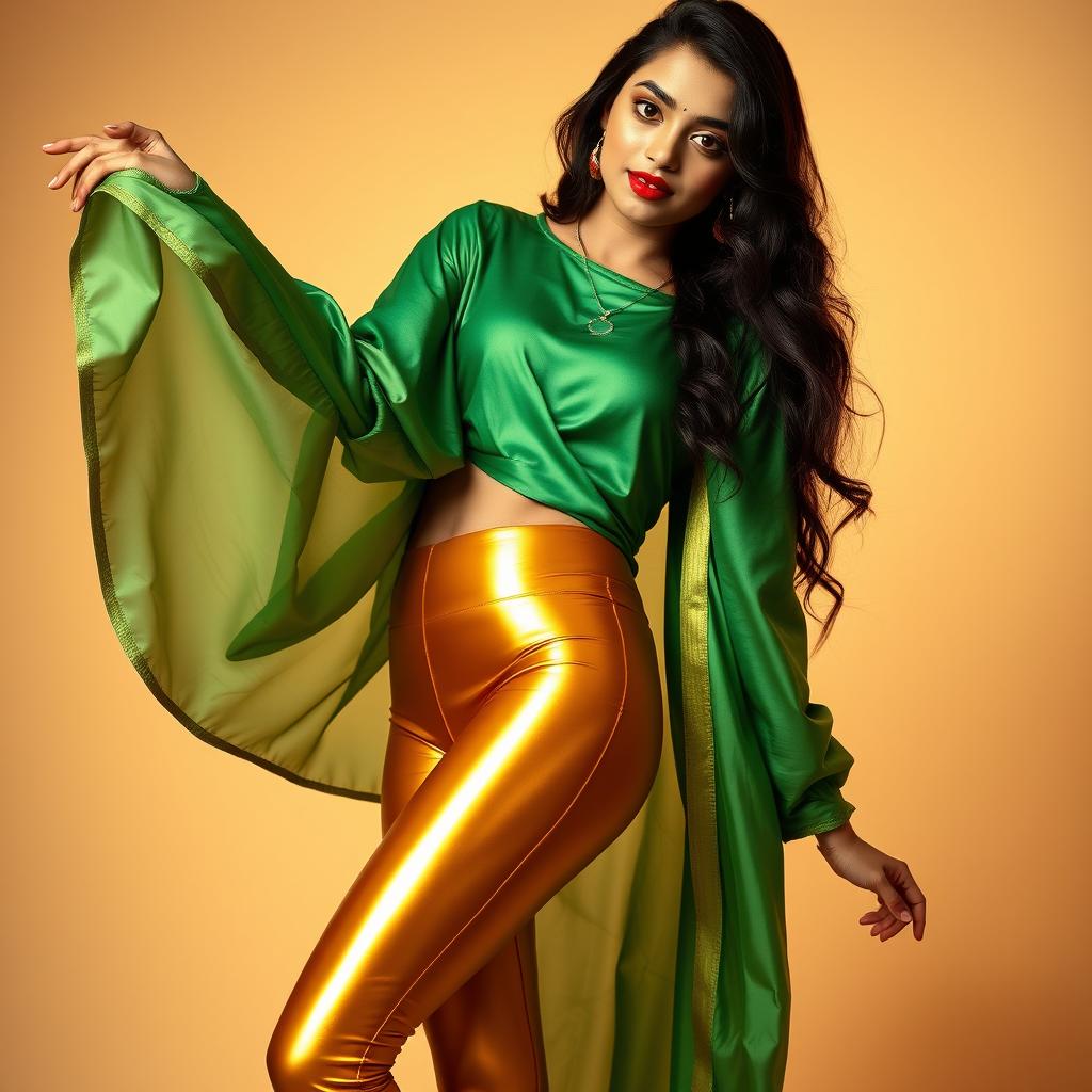 A highly realistic and vibrant portrait of an Indian teenage girl wearing super tight golden satin transparent leggings that accentuate her curves and thick thighs, complemented by a flowing silk green kurta