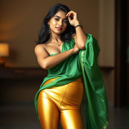 A highly realistic and vibrant portrait of an Indian teenage girl wearing super tight golden satin transparent leggings that accentuate her curves and thick thighs, complemented by a flowing silk green kurta