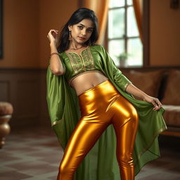 A highly realistic and vibrant portrait of an Indian teenage girl wearing super tight golden satin transparent leggings that accentuate her curves and thick thighs, complemented by a flowing silk green kurta