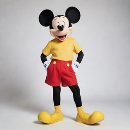 Mickey Mouse, Disney's iconic character with large circular ears, a red shorts, oversized yellow shoes, and a cheerful smile