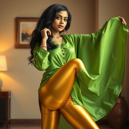 A highly realistic and vibrant portrait of an Indian teenage girl wearing super tight golden satin transparent leggings that accentuate her curves and thick thighs, complemented by a flowing silk green kurta