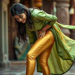 An Indian teenage girl wearing golden satin transparent leggings that cling tightly to her figure, accentuating her curves and thick thighs