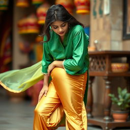 An Indian teenage girl wearing golden satin transparent leggings that cling tightly to her figure, accentuating her curves and thick thighs