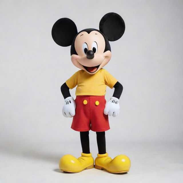 Mickey Mouse, Disney's iconic character with large circular ears, a red shorts, oversized yellow shoes, and a cheerful smile