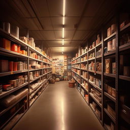 A tidy, organized storeroom filled with various items, well-lighted and inviting. There is a subtle awe-inspiring aura around it.