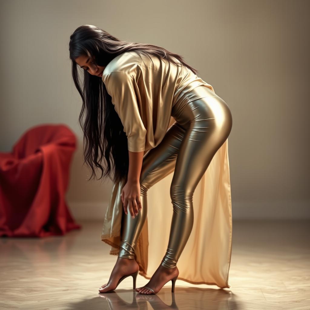 An Indian teenage girl wearing shiny silver satin transparent leggings that are super tight, highlighting her figure and thick thighs