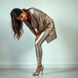 An Indian teenage girl wearing shiny silver satin transparent leggings that are super tight, emphasizing her figure and thick thighs