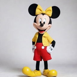 Mickey Mouse, Disney's iconic character with large circular ears, a red shorts, oversized yellow shoes, and a cheerful smile